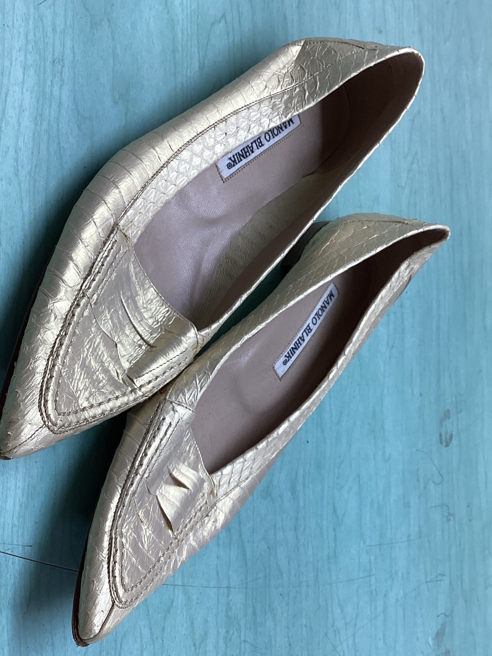 Manolo Blahnik Metallic Gold Pointed-Toe Loafers